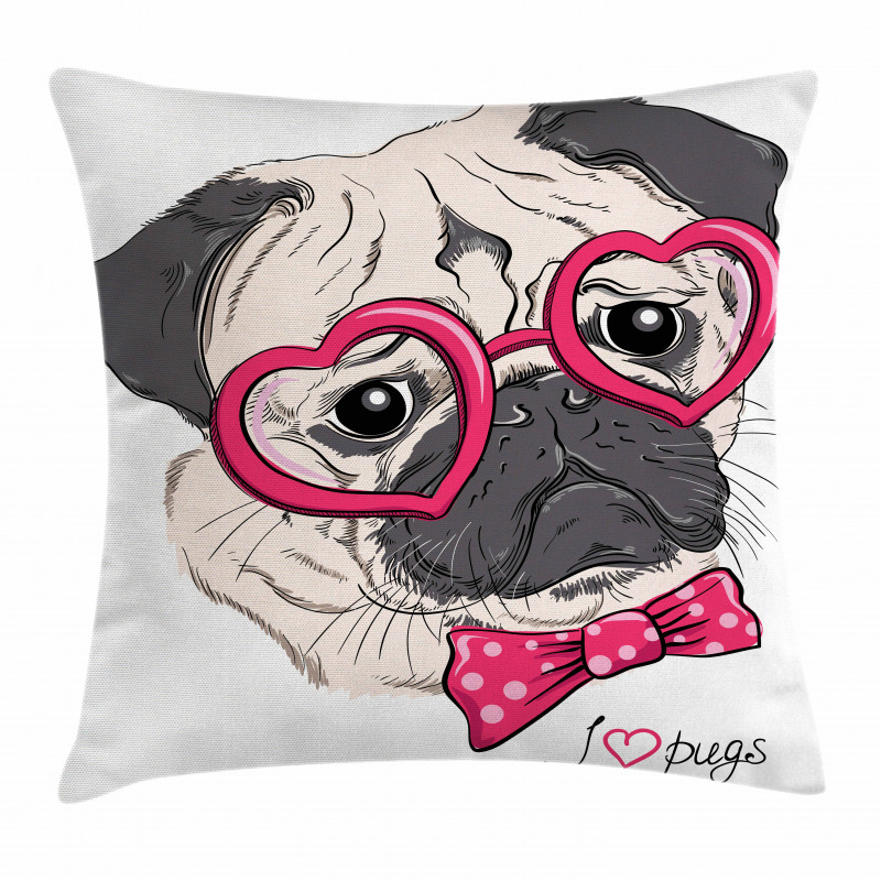 Hayvan Minder Kılıfı Pembe Gözlüklü Papyonlu Hipster Pug Köpek