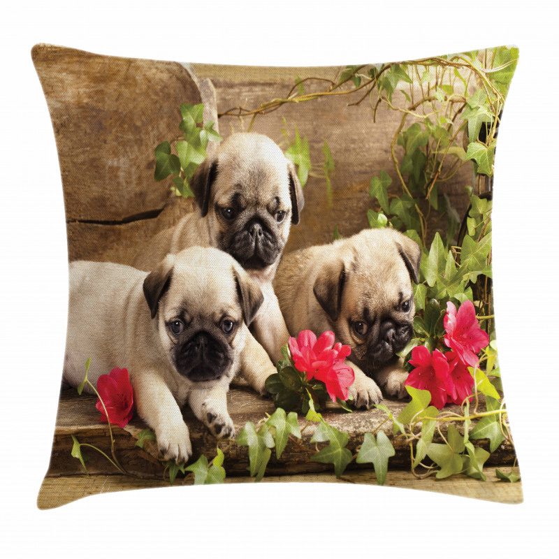 Sibling Puppies Flowers Pillow Cover