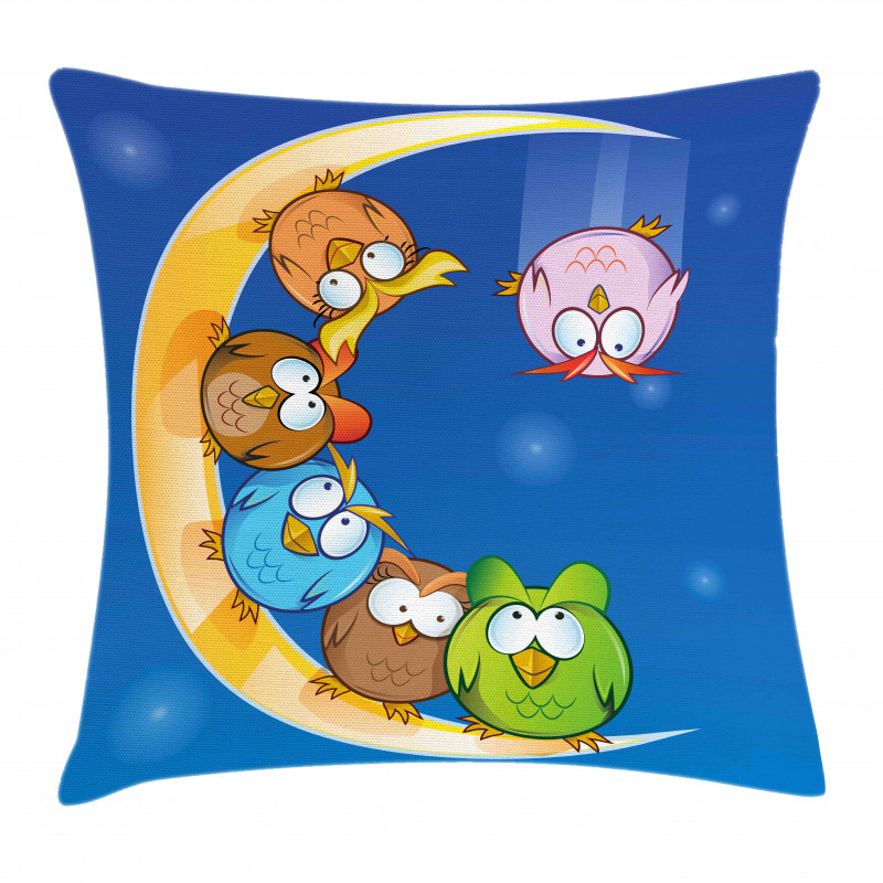 Cartoon Moon Owls Playing Pillow Cover