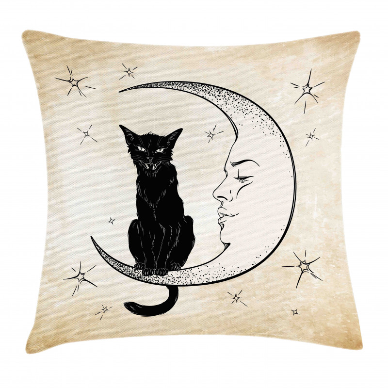 Black Cat Siting on Moon Pillow Cover