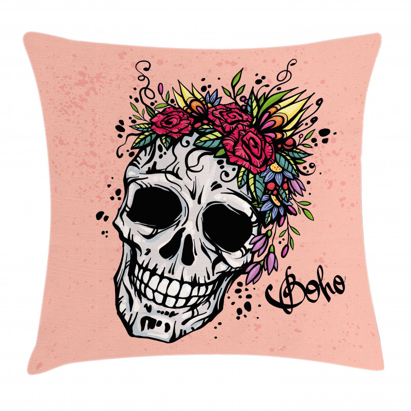 Skull Boho Floral Wreath Pillow Cover