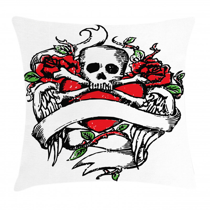 Sketch Skull Big Red Heart Pillow Cover