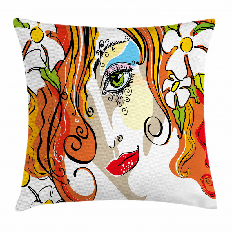 Woman Red Hair Floral Pillow Cover