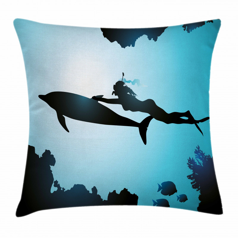 Diver Girl with Dolphin Pillow Cover