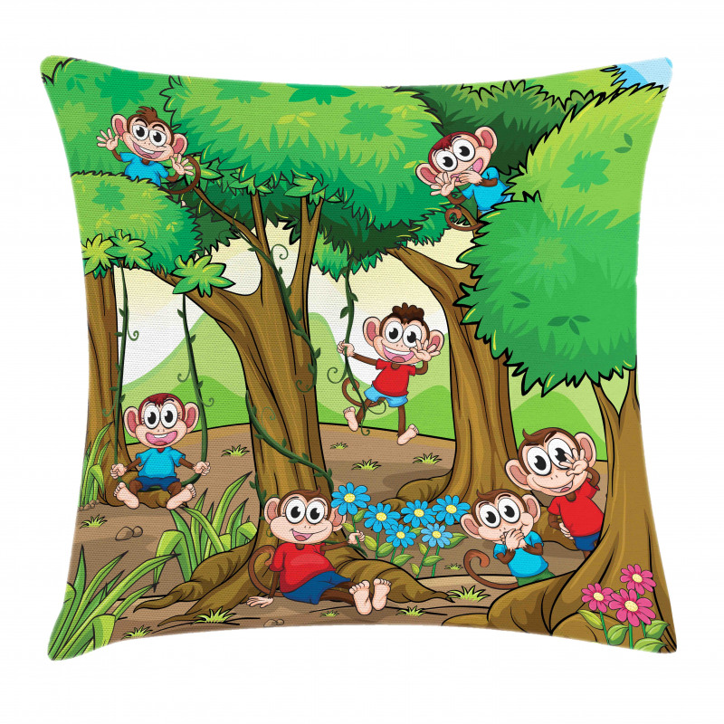 Kid Apes Play in Forest Pillow Cover