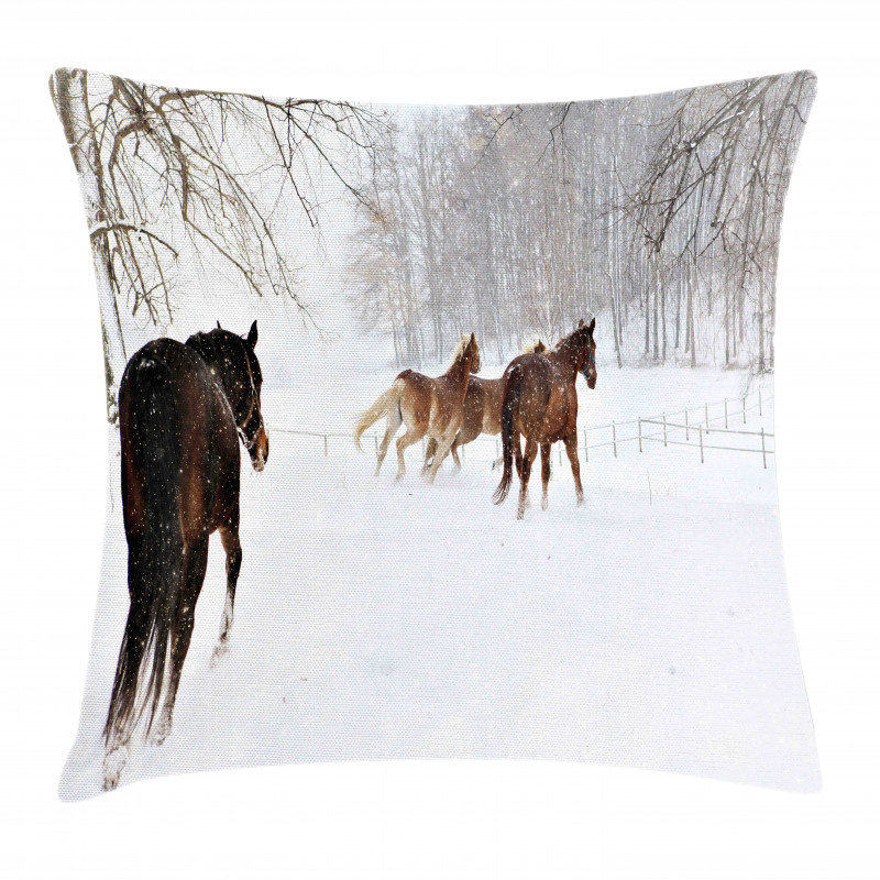 Horses in Snowy Forest Pillow Cover