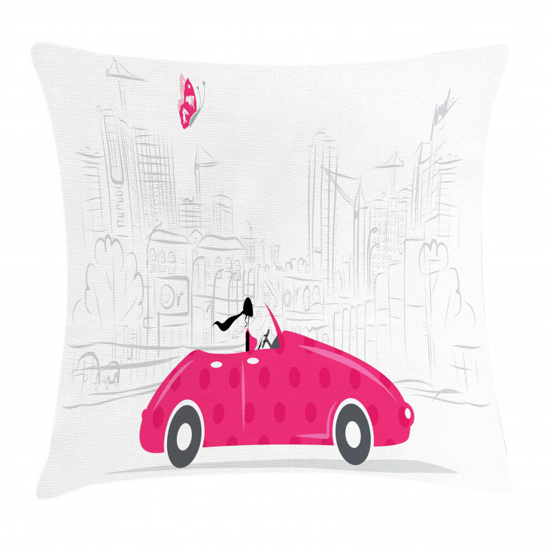 Woman Driving Vintage Car Pillow Cover