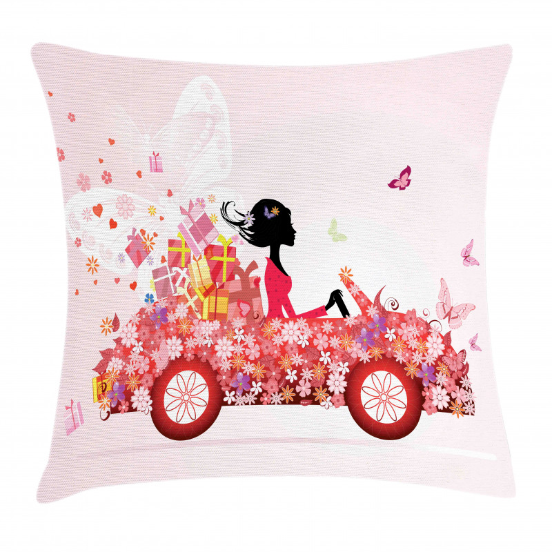 Girl on a Car Floral Box Pillow Cover
