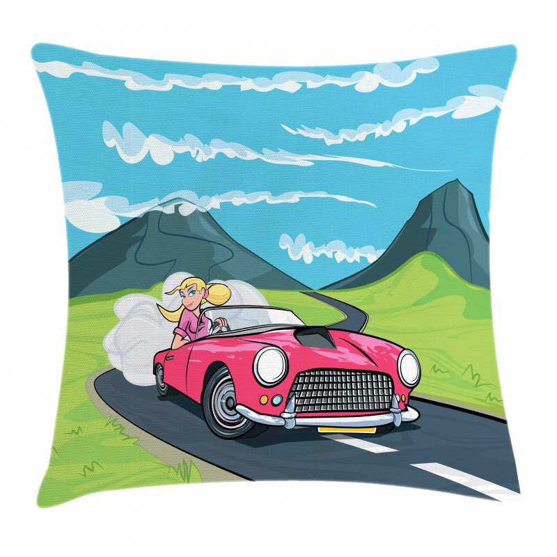 Blonde Girl Drives on Road Pillow Cover