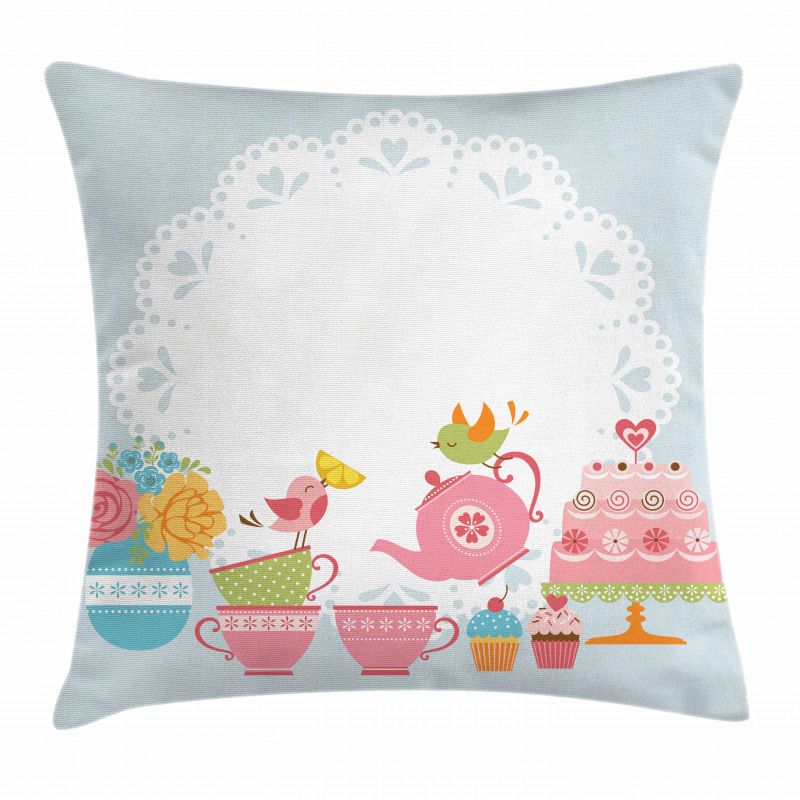 Birds Drinking Tea Pillow Cover