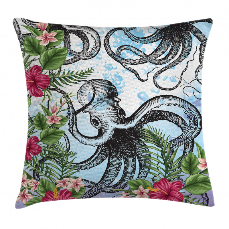 Tropic Hibiscus and Octopus Pillow Cover