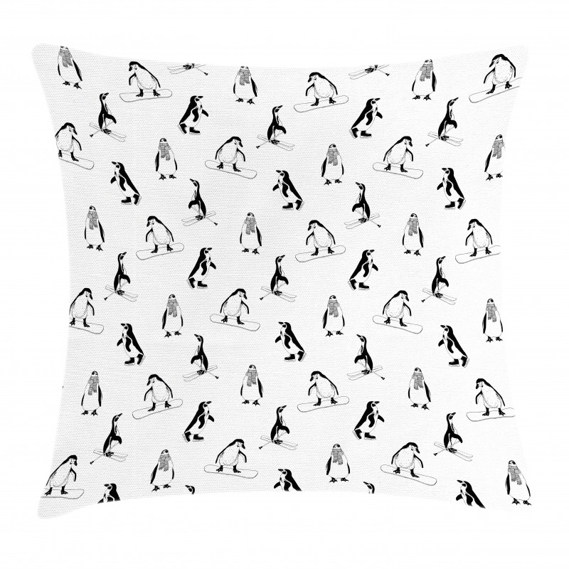 Skiing Penguins in Scarves Pillow Cover