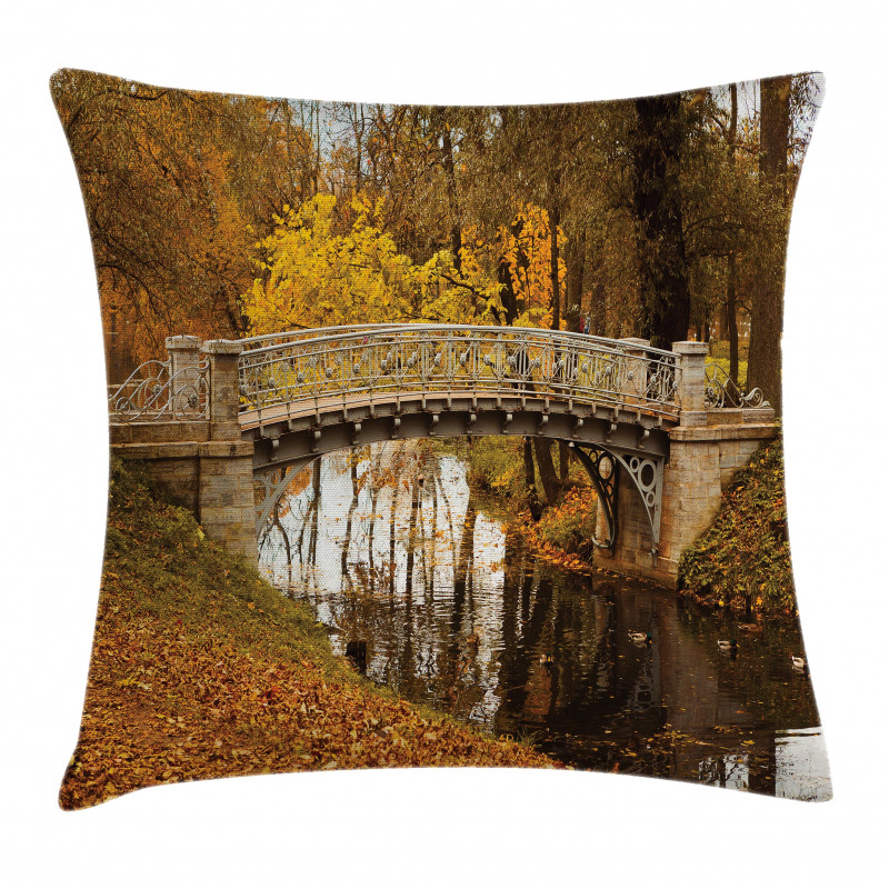 Old Bridge in Fall Forest Pillow Cover