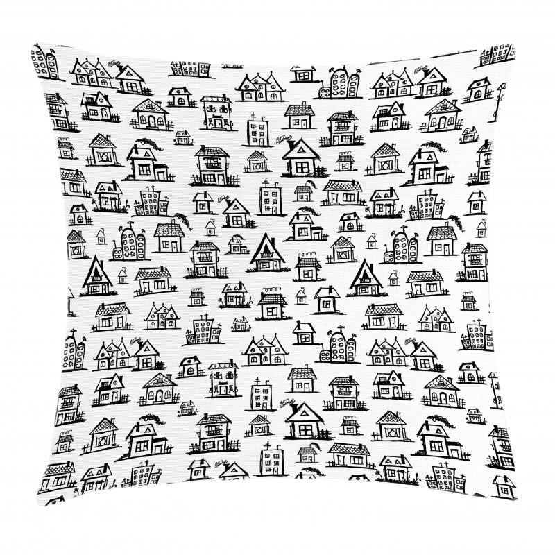 Village Houses Doodle Town Pillow Cover