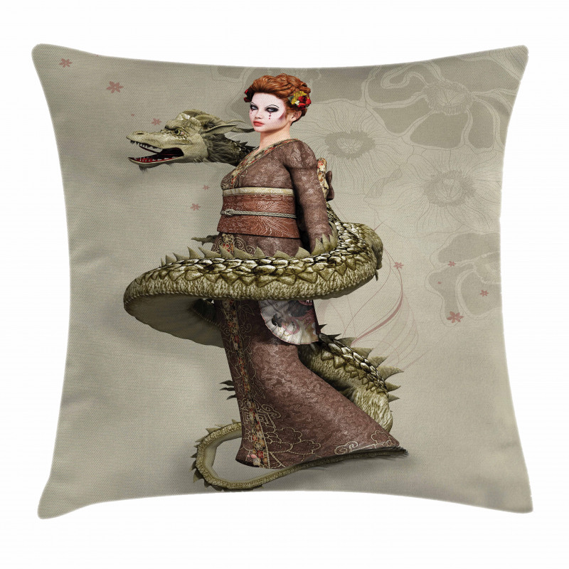 Geisha with Huge Dragon Pillow Cover