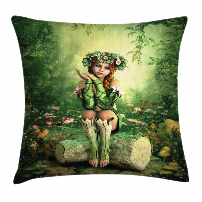 Elf Girl with Wreath Tree Pillow Cover