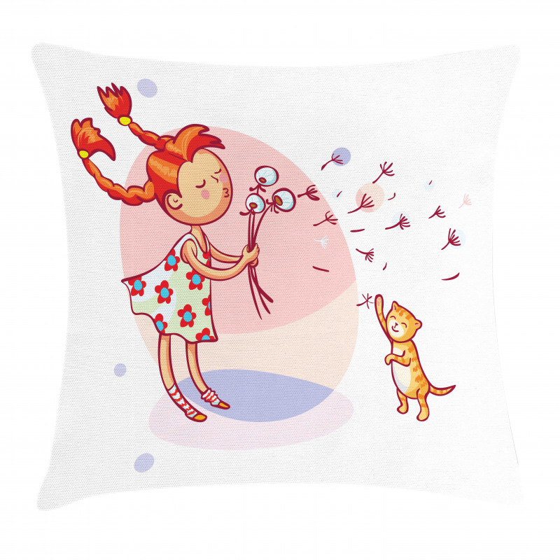 Cartoon Girl and Cat Pillow Cover