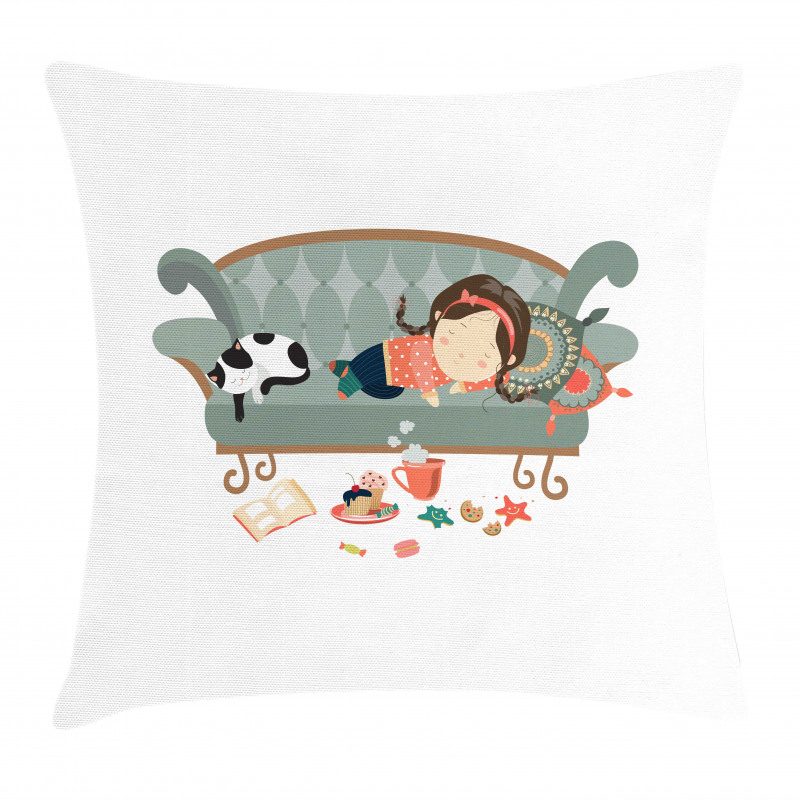 Sleeping Girl with Cat Pillow Cover