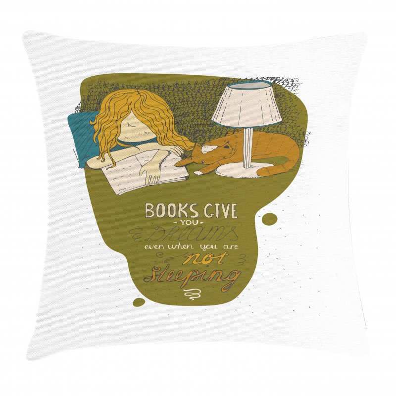 Girl and Cat Sleep on Book Pillow Cover