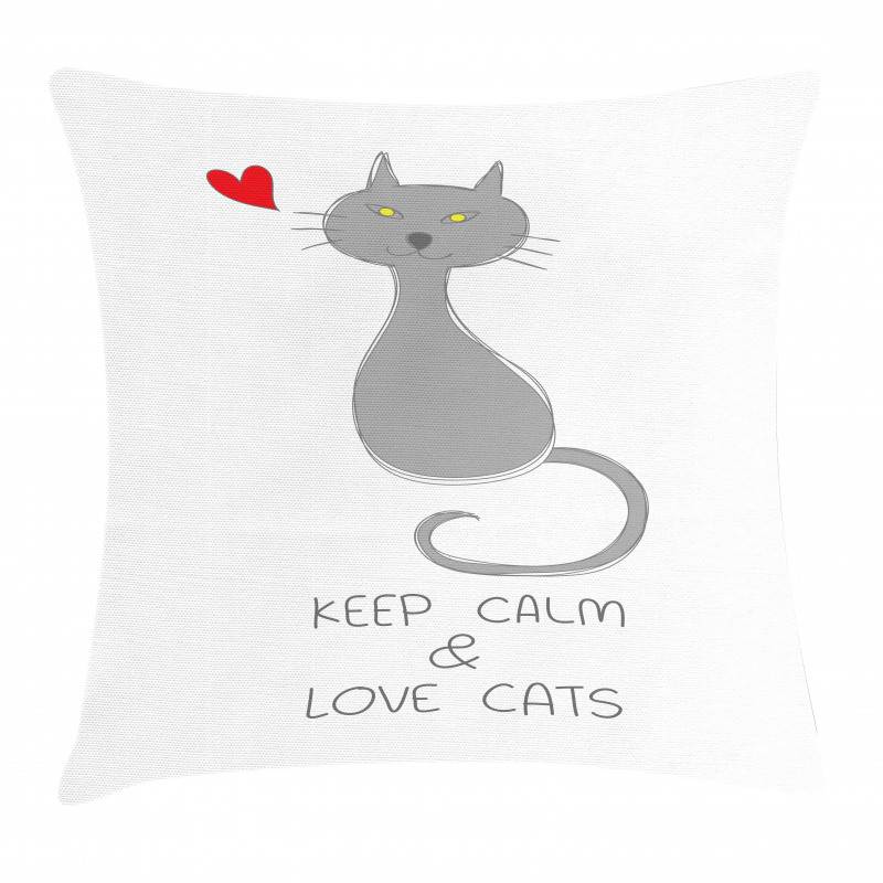 Grey Cat Red Heart Pillow Cover