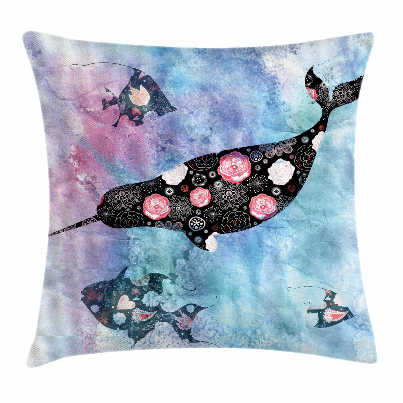 Floral Whale and Fish Pillow Cover