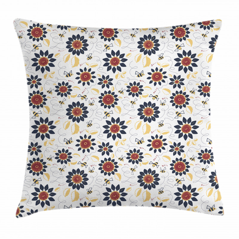 Sunflowers and Funny Bees Pillow Cover