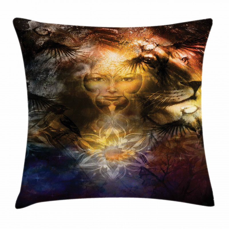 Woman Lion and Flower Pillow Cover