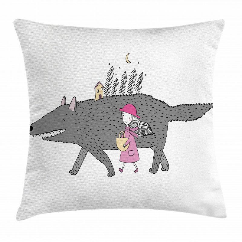 Girl with a Giant Wolf Pillow Cover