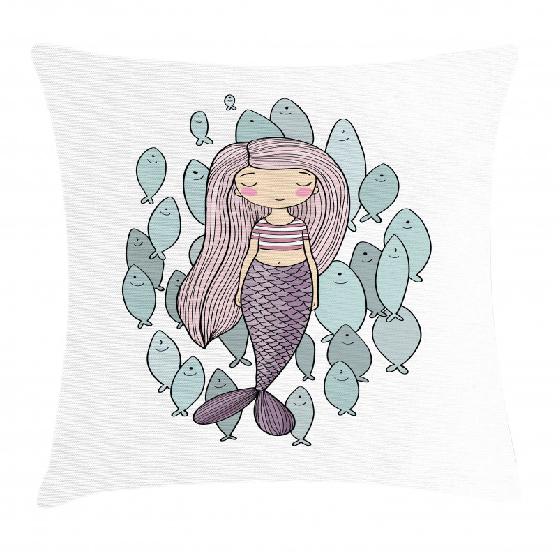 Cartoon Girl with Fish Pillow Cover