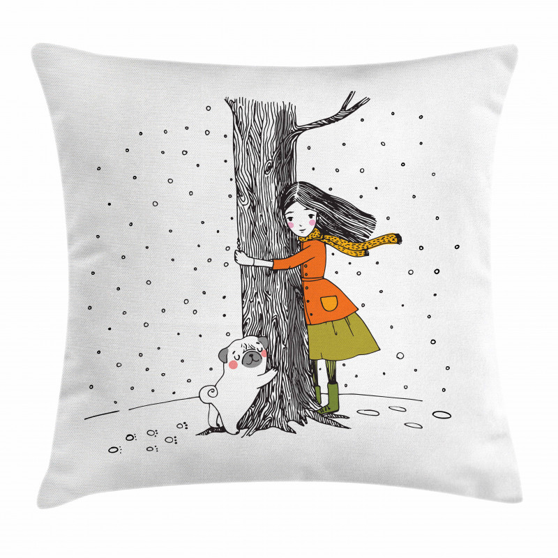 Girl Pug Hugging a Tree Pillow Cover