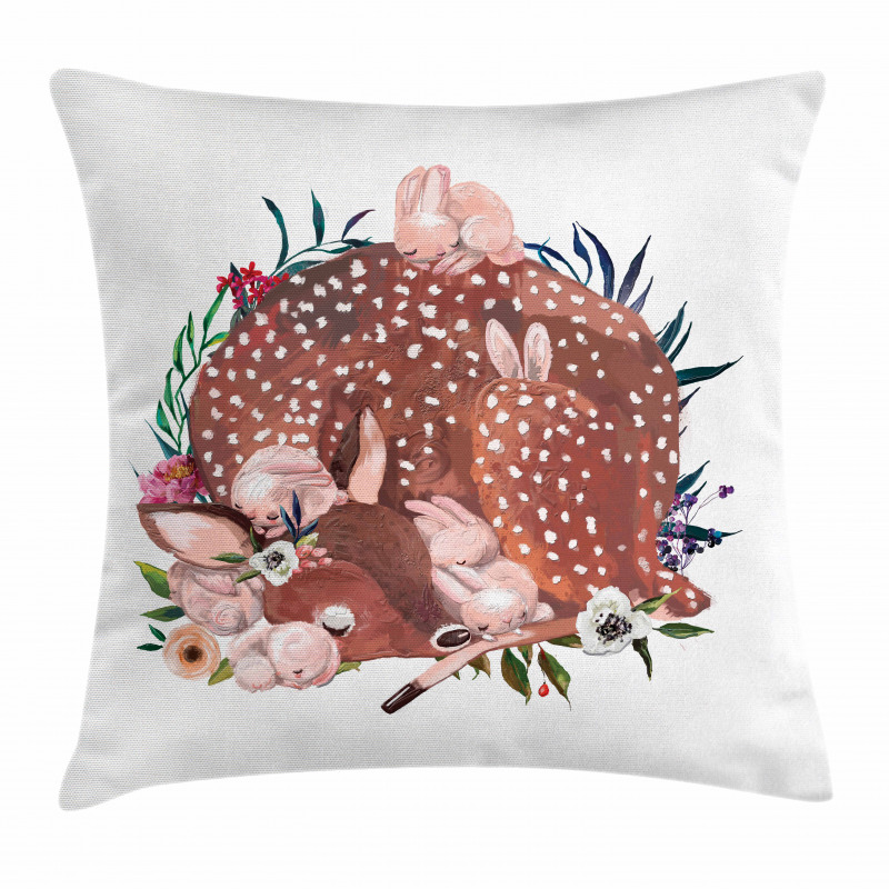 Deer with Hares in Forest Pillow Cover