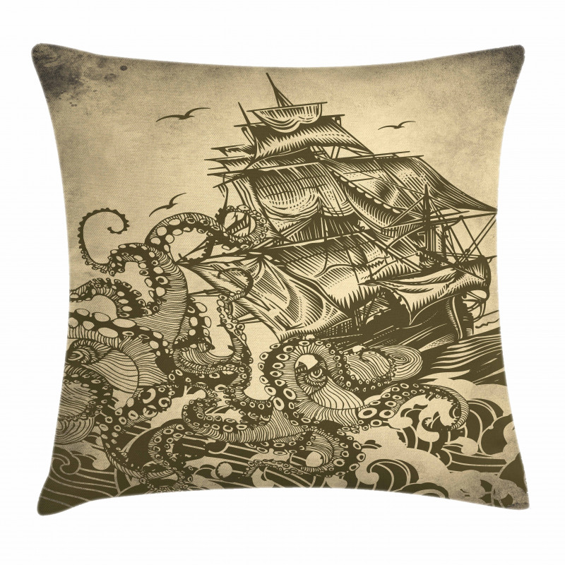 Retro Ship Octopus Theme Pillow Cover