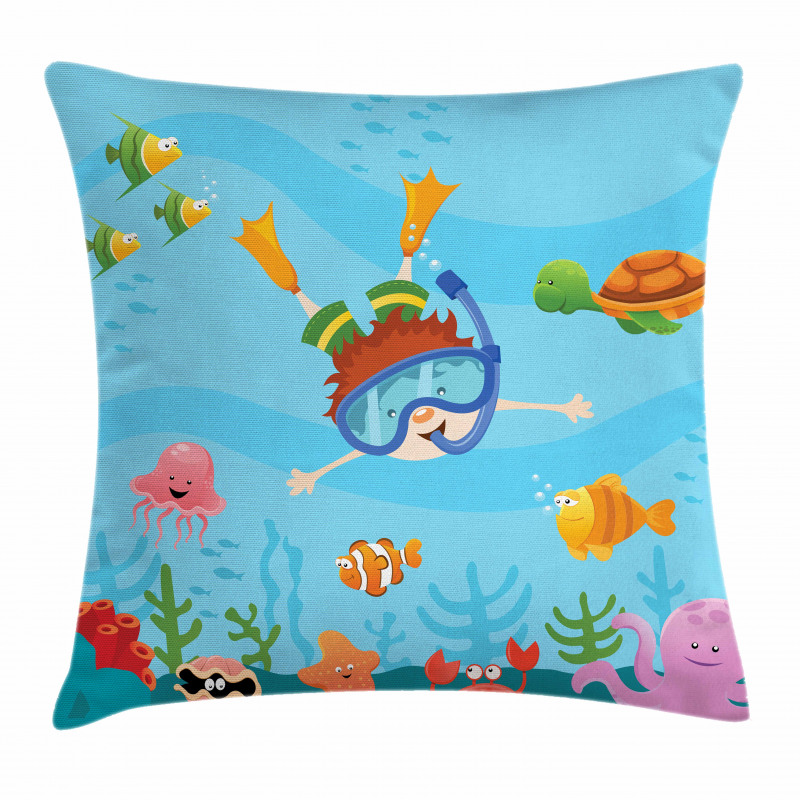 Cartoon Boy Diving to Sea Pillow Cover