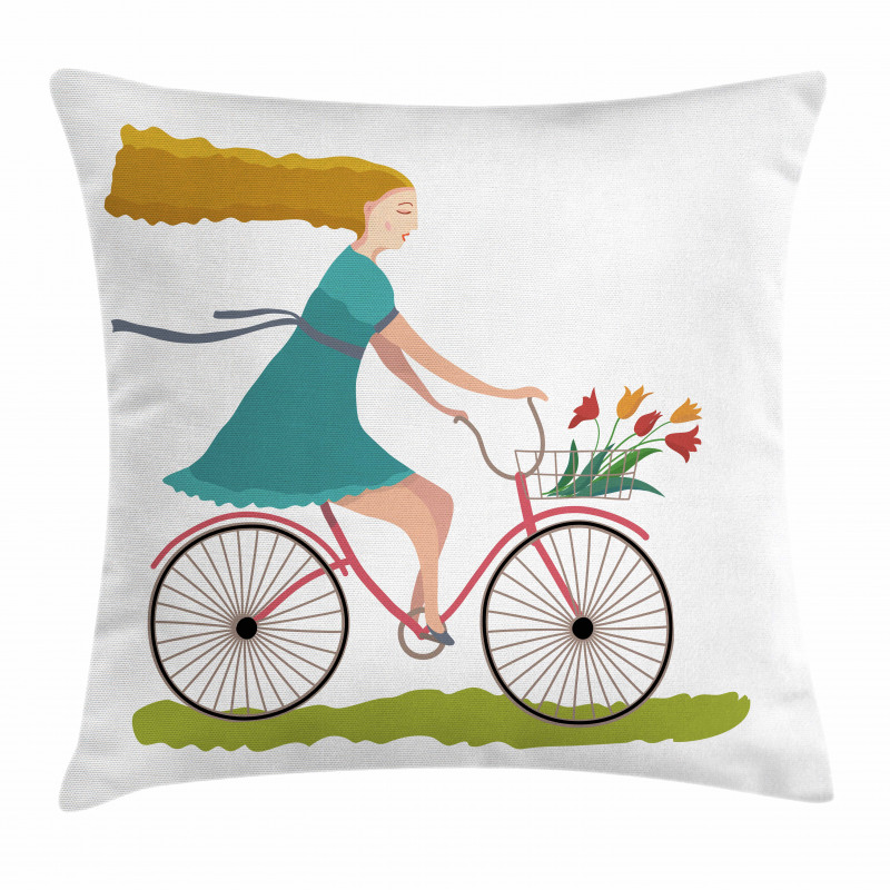 Woman on Bike Tulips Pillow Cover