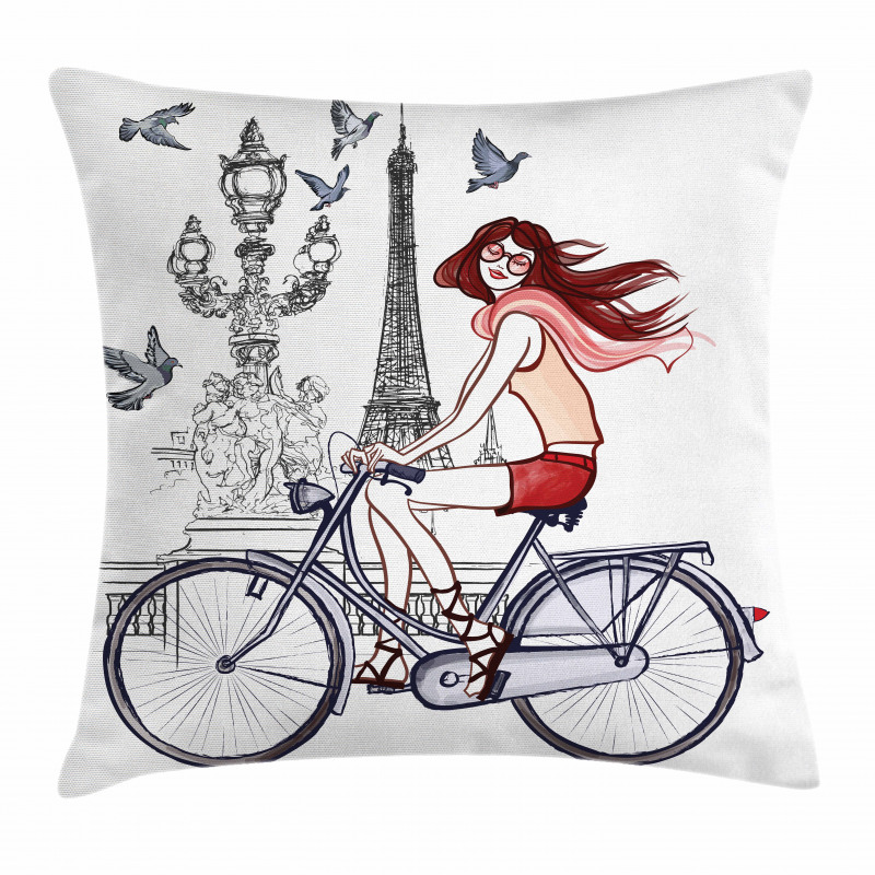 Woman on Bike Eiffel Pillow Cover