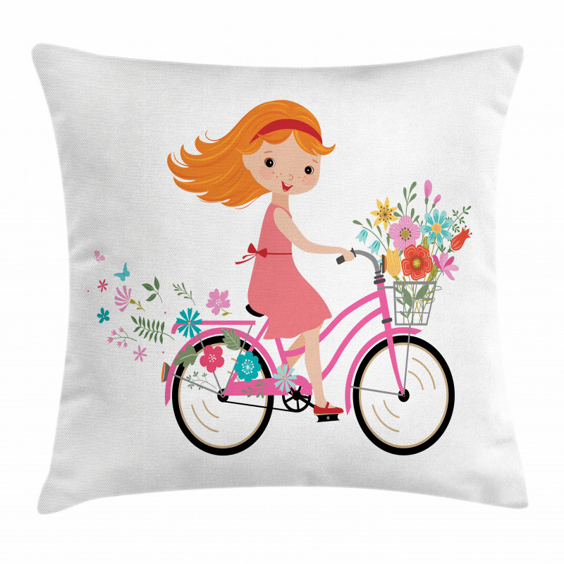 Happy Girl on Bike Flowers Pillow Cover