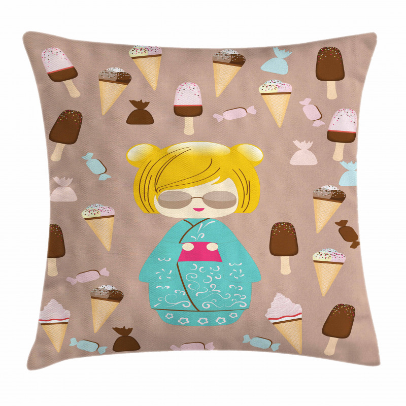 Kokeshi Doll Ice Cream Pillow Cover