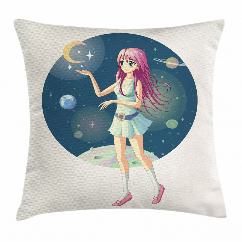 Girl with Stars in Space Pillow Cover