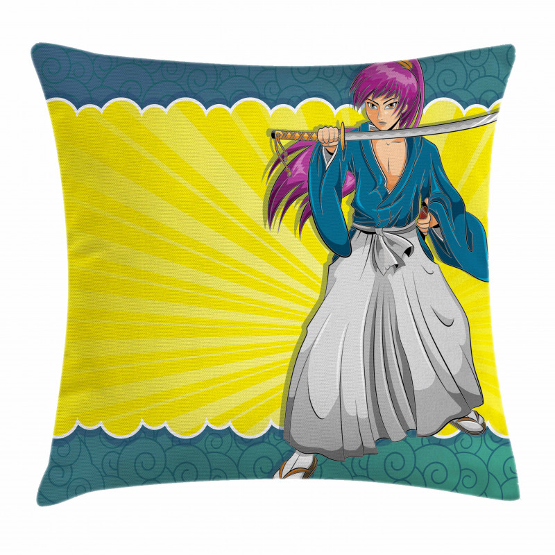 Manga Style Samurai Girl Pillow Cover