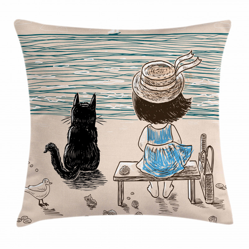 Baby Girl with a Cat Pillow Cover