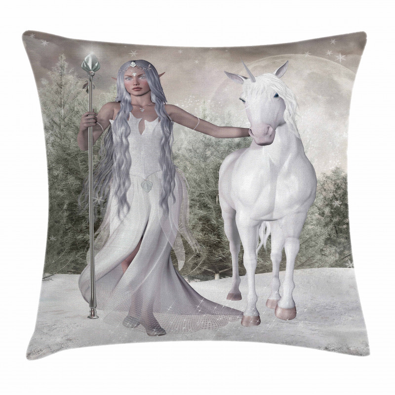 Elf Holdng Mace and Horse Pillow Cover