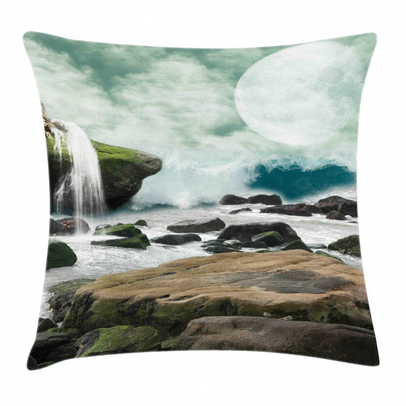 Waterfall Foggy Full Moon Pillow Cover