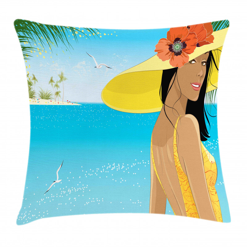 Young Woman Tropical Sea Pillow Cover