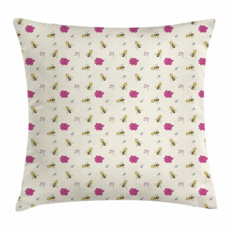 Hand-Drawn Bees Rose Buds Pillow Cover