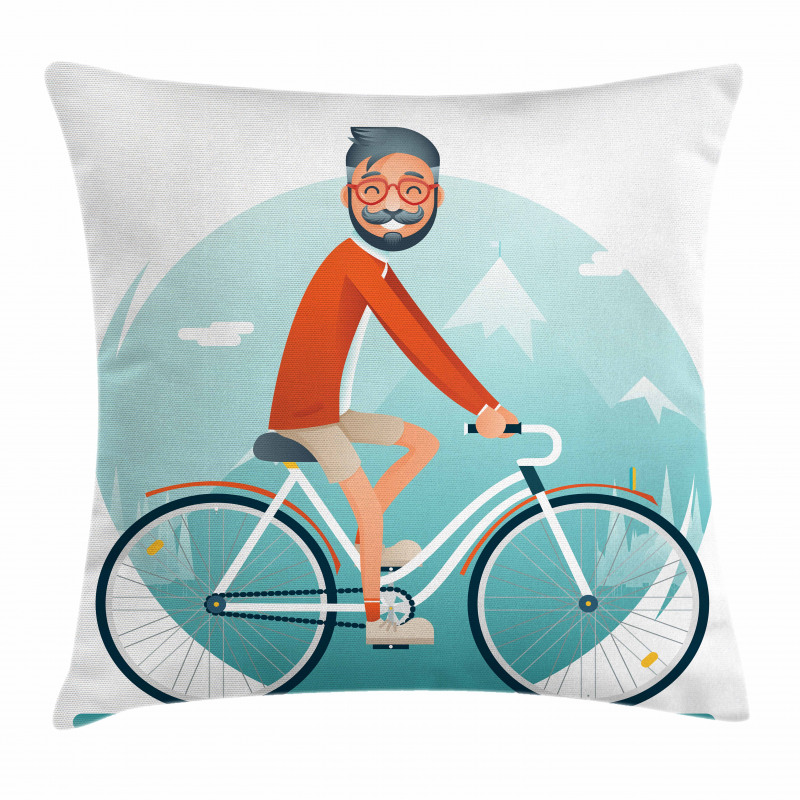 Hipster Guy Riding Bicycle Pillow Cover