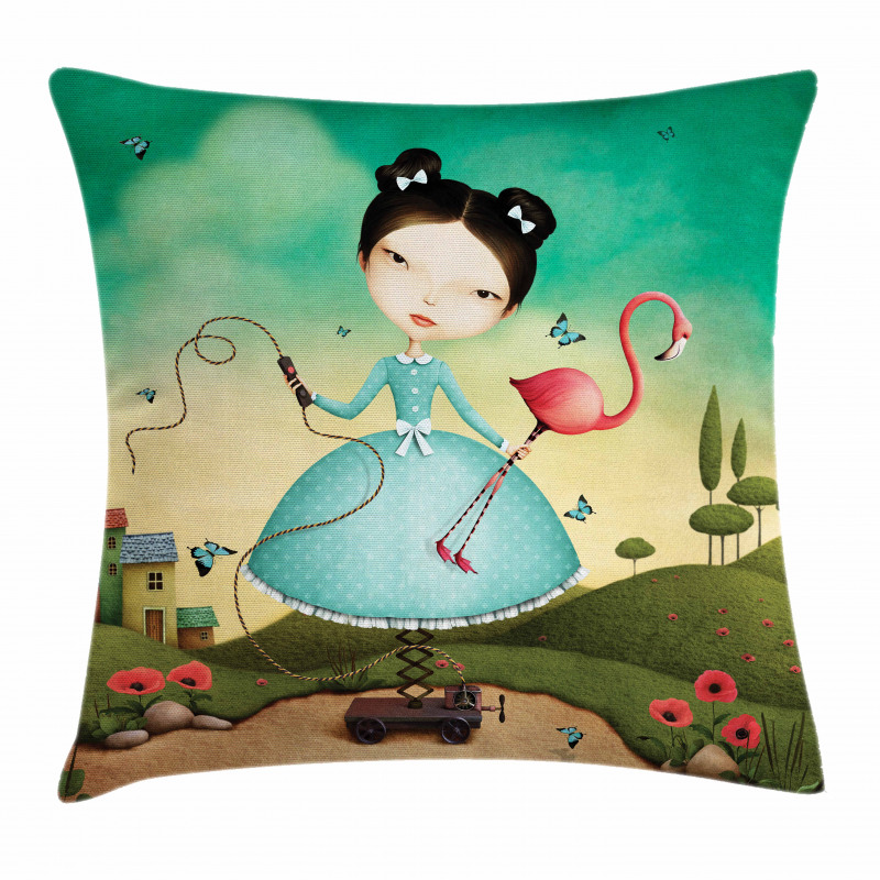 Girl and Flamingo Toy Pillow Cover