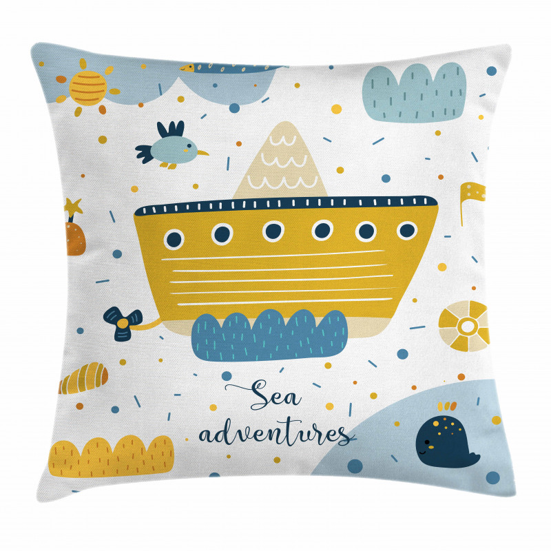 Ship and Puffy Clouds Pillow Cover