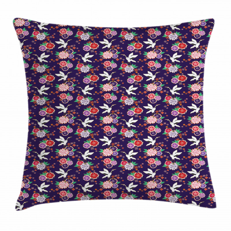Flying Crane and Flowers Pillow Cover