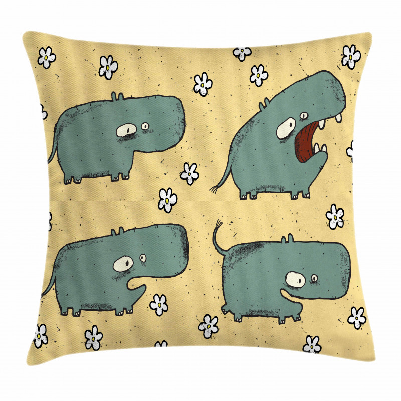 Comic Hippo Floral Grungy Pillow Cover