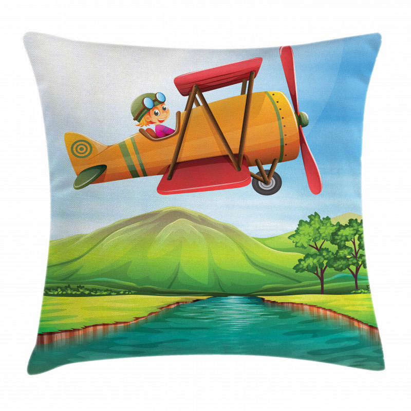 Kid on a Biplane River Pillow Cover
